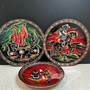 3x VINTAGE Hand Crafted, Etched, Hand Painted Enamel on Copper Decorative Plate